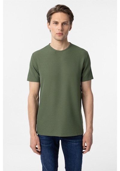 Süvari Koyu Haki Slim Fit Armürlü Bisiklet Yaka Tişört-37381 Koyu Haki