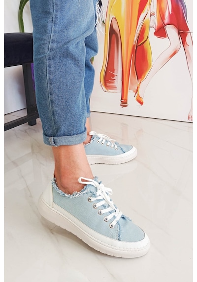Mavi Renk Bağcıklı Düz Taban Kadın Kot Sneakers 001