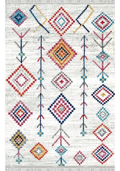 Krem Ve Çok Renkli Boho Motifli Otantik Dijital Baskı Halı Kaymaz Tabanlı, Geometrik Desenli Taban