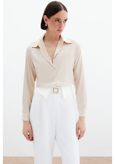 Sateen Saten Gömlek - Bej-134586 Bej