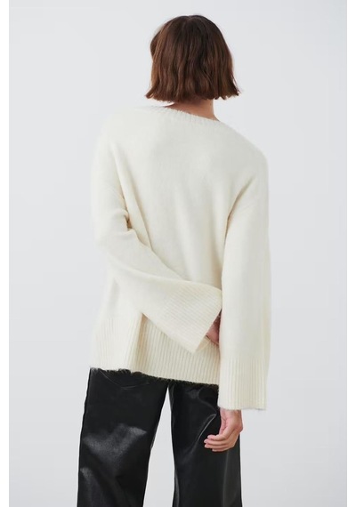 Madmext Ekru V Yaka Oversize Kadın Triko Kazak Mg2149-ekru Ekru