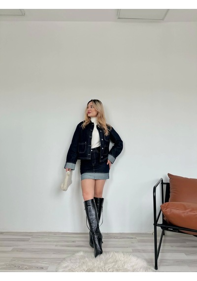 Keymoda Kadın Denim Etek Ceket Takım Mavi Mavi