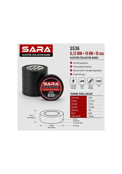 Sara S536 Elektrik Izolasyon Bandı 0,13 Mm X 19 Mm X 10 Yards, Siyah, 10 Lu Paket