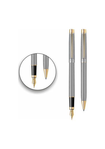 Scrikss Isminize Özel 722W Gold Krom Balıksırtı Dolma+Tükenmez Ka