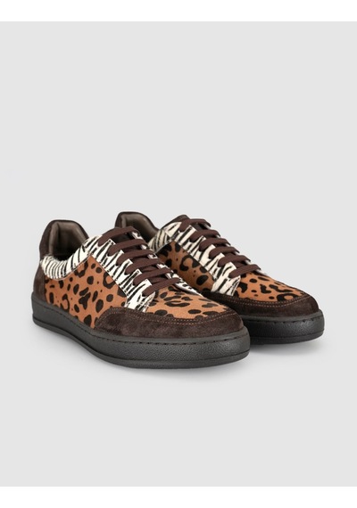 Leopar Desenli Süet Deri Kadın Sneaker Ayakkabı Kahverengi