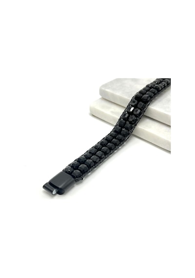 Sertifikalı Obsidyen Çift Sıra Küp Kesim Kilitli Doğal Taş Bileklik 6mm Taş Siyah