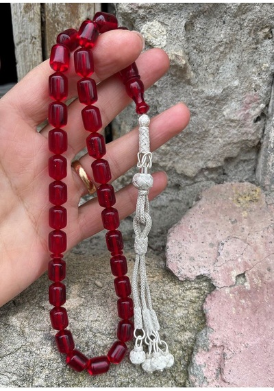 Gümüş Kazaziye Şahinbey Dört Püsküllü Kırmızı Ateş Kehribar Tesbih Kırmızı