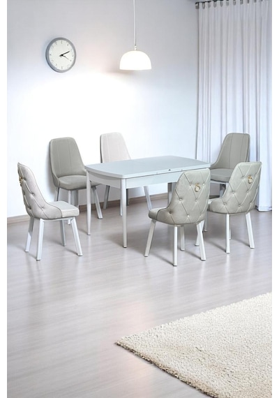 Sonata Beyaz 80 x 132 Açılabilen MDF Masa Metal Ayaklı Mutfak Masası Takımı 6 Krem Sandalye Sonata Beyaz 80 x 132 Açılabilen MDF Masa Metal Ayaklı Mutfak Masası Takımı 6 Krem Sandalye