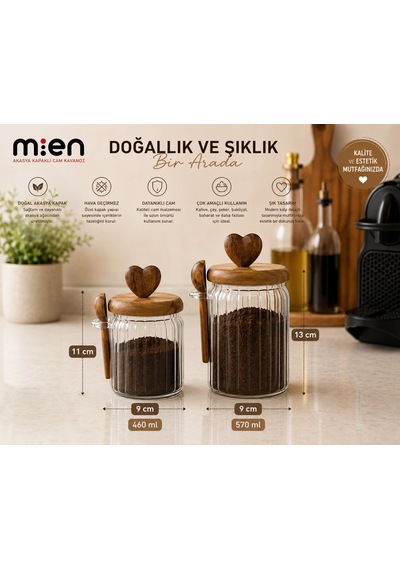 Mien 570-460 Ml İkili Akasya Kapaklı Kaşıklı Cam Kavanoz Seti Akasya Standlı Şeffat Cam - Akasya Ahşap Kapak