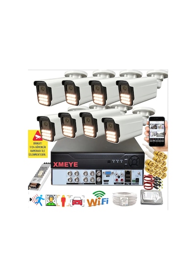 8 Li Araç İnsan Yüz Tanımalı Hareket Algılayan 5 Mp Lens 12 Warm Led Gece Renkli Kamera Seti 5915w