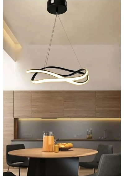 Dalga Modern Sarkıt Led Avize - Salon - Oturma Odası - Mutfak Avizesi - 3 Renk Kumandalı - Siyah Siyah