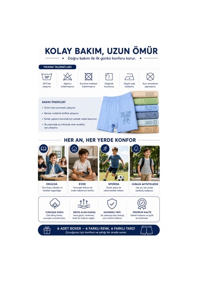 Westicgiyim 6 Lı Erkek Çocuk Boxer Seti Pamuklu Yumuşak Kumaş Esnek Bel Baskılı Renkli İç Çamaşırı 3-12 Yaş Çok Renkli