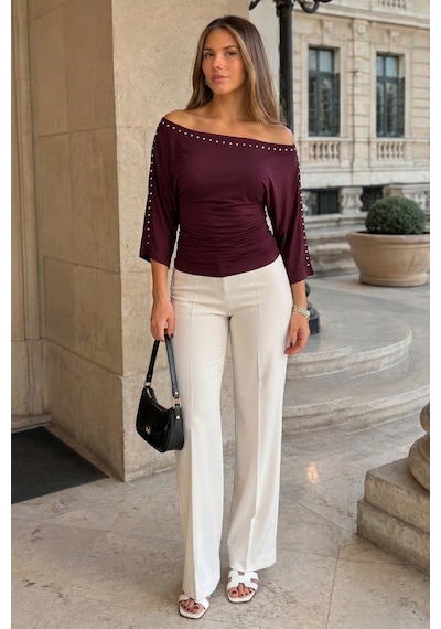 Madmext Bordo Kayık Yaka Zımba Detaylı Bluz Mg2697