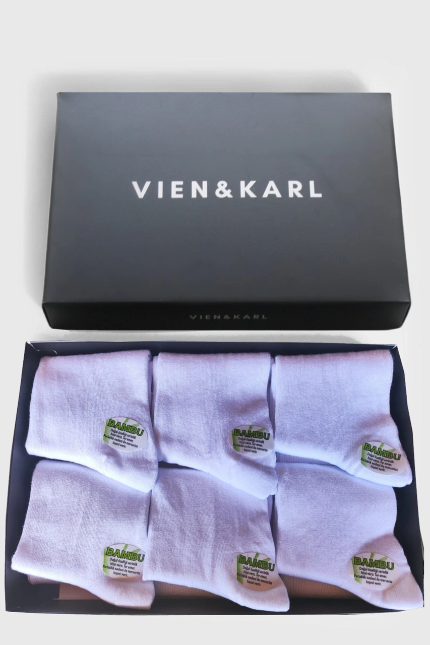 Vien&Karl Erkek Beyaz Bambu Çorap 6'lı Premium Kutu Beyaz