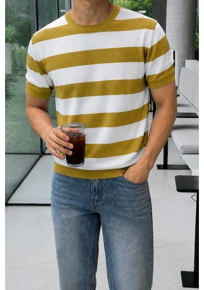 Tarz Cool Erkek Çizgili Triko Tişört Bisiklet Yaka Slim Fit Yazlık İnce Dokulu Sarı