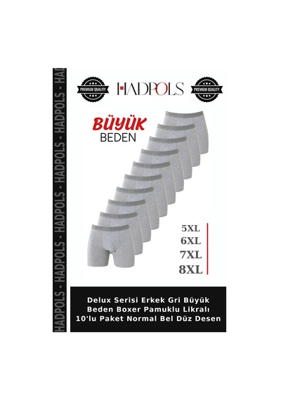Hadpols Delux Serisi Erkek Gri Büyük Beden Boxer Pamuklu Likralı 10'lu Paket Normal Bel Düz Desen