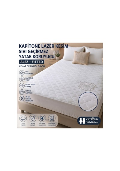 Lazer Kesim Kapitone Sıvı Geçirmez Yatak Alezi Yatak Koruyucu Battal Bot 180x200 Beyaz