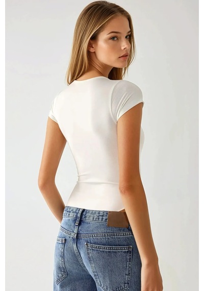 Hiccup Dar Kesim Dikey Yaka Örme Bodysuit Beyaz
