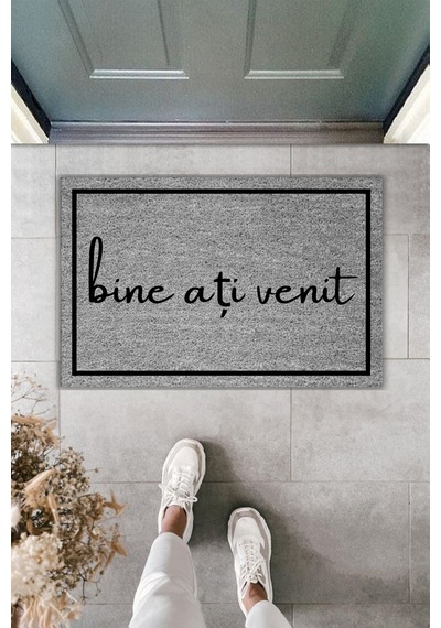 Rugmood Modern Dijital Baskı Çerçeveli Bine Ați Venit Yazılı Kapı Önü Paspası Gri