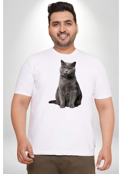 Angemiel British Shorthair Kedi Beyaz Büyük Beden Kadın Erkek Ünisex Basic Ön Baskılı Tişört Beyaz