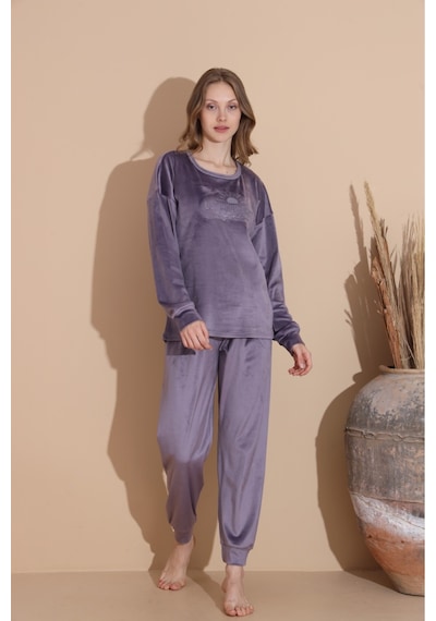 Lukitus Kadife Uzun Kol Kadın Pijama Takımı Gri