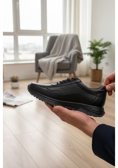 Enoch Hakiki Deri Mikro Delik Detaylı Erkek Sneaker Ortopedik Taban Siyah