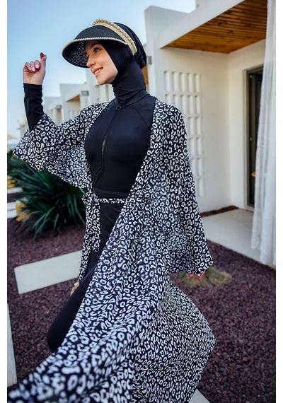 Remsa Mayo Remsa Tesettür Mayo Üzerine Tek Kaftan Kimono Pareo Beyaz Rp036 Leopar Beyaz