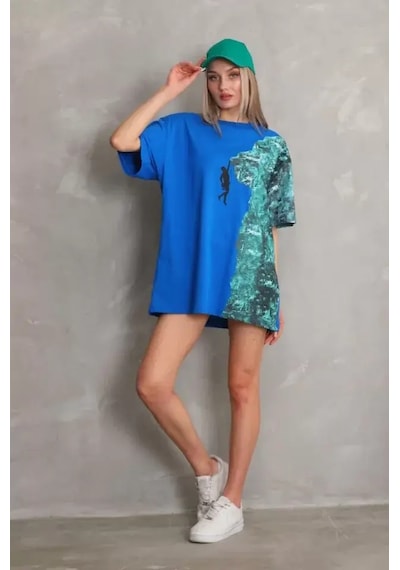 Unisex Bisiklet Yaka Baskılı Oversize T-shirt - Mavi Mavi