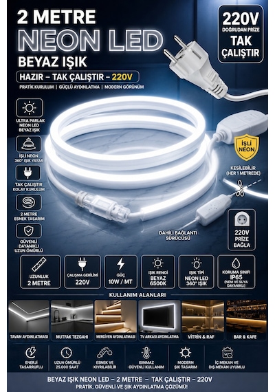 2 Metre Beyaz 220v Neon Led Şerit ,tak Çalıştır Set, Fişli Esnek Şerit Led, ,turuncu Led,mutfak,tezgah Ledi, Neon Led Şerit Işık ,ambiyans Işık Havuzu, Balkon, Teras Ve Ev İçin Dekoratif Led Beyaz 2 Metre Beyaz 220v Neon Led Şerit ,tak Çalıştır Set, Fişli Esnek Şerit Led, ,turuncu Led,mutfak,tezgah Ledi, Neon Led Şerit Işık ,ambiyans Işık Havuzu, Balkon, Teras Ve Ev İçin Dekoratif Led Beyaz