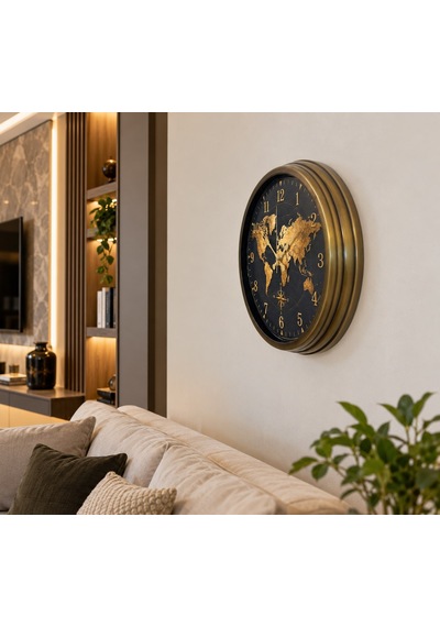 Eskitme Atlas Dünya Haritalı 40 X 40 Cm Siyah Metal Duvar Saati