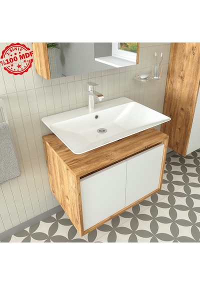 Banos Roomart Lavabolu Ahşap-Mat Beyaz Mdf 65 Cm Banyo Dolabı+A.. Beyaz