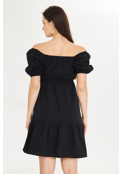 Kutaf Beli Lastikli Buzgulu Poplin Elbise Orta Mavi