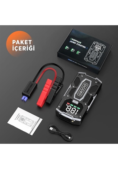 Groove M01 15800mah 2000a Akü Takviye Cihazı Taşınabilir Jump Starter Powerbank+Led Lamba+Lcd Ekran