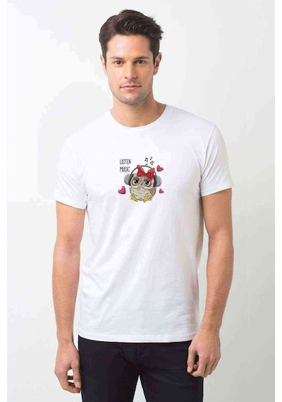 Tshirthane Erkek Beyaz Baykuş Baskılı Tişört