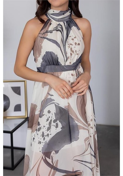 Neşeli Butik Kadın Halter Yaka Astarlı Maxi Şifon Elbise Nbmy3242 Gri
