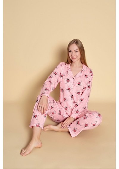 SUDE HOMEWEAR Kadın Gömlek Desenli Uzun Kol Pijama Takımı Pembe