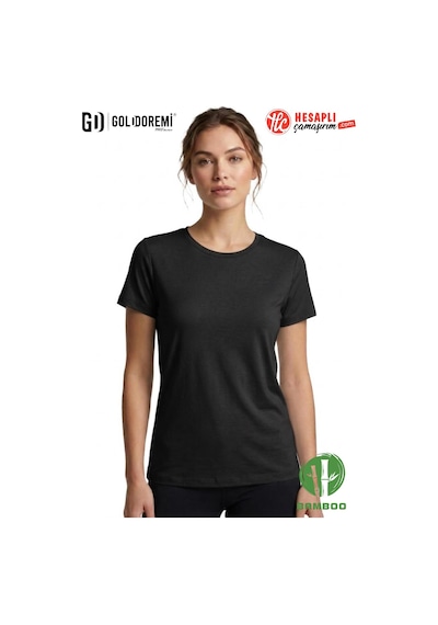 Jiber Kadın Premium Ekstra Esnek Bambu Terletmeyen Hafif Kumaş T-shirt Siyah