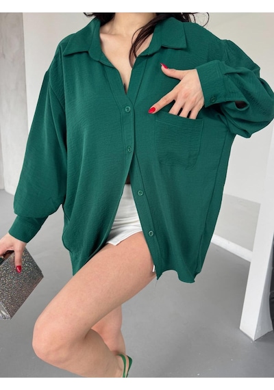Paw Garage Kadın Flory Ayrobin Oversize Tek Cep Gömlek Yeşil