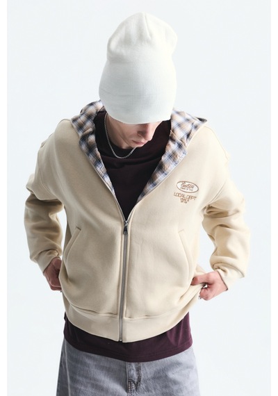Vamos Boxy Fit Fermuarlı Kapüşonlu Sweatshirt V70-245 Bej