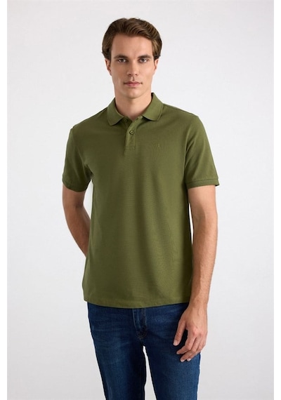 Süvari Haki Regular Düz Nakışlı Pike Düğmeli Polo Yaka Tişört Sts1014000018-yh1