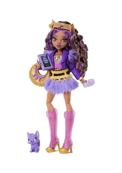 Mor Motosiklet Ceketi Ve Tüylü Etek Giyen Clawdeen Wolf Bebek, Kurt Crescent Ve Kitap, Kruvasan Ve Çanta Gibi 7 Aksesuar, Jhk30