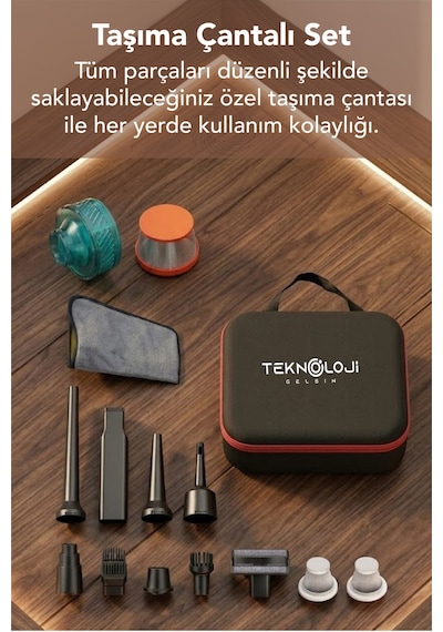 Araç İçi Süpürge Kablosuz Işıklı Göstergeli 22.000 Pa 9başlık Yedek Filtre Çantalı Çekim&üfleme 2in1