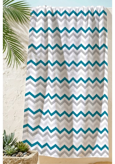 Zigzag Geometrik Modern Plaj Havlusu - Turkuaz Gri Minimalist Hızlı Kuruyan Mikrofiber Havlu Kül Ada