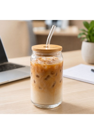 Bk Gift Bambu Kapaklı Pipetli 540 Ml Cam Bardak, Iced Coffee Ve Soğuk İçecek Bardağı