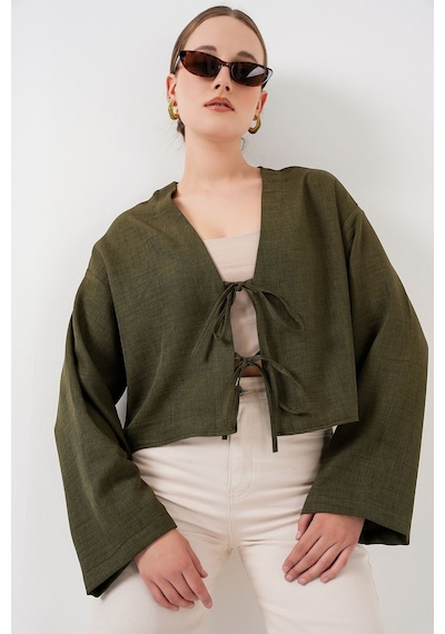 Hiccup Bdart Keten Karışımlı Bağlama Detaylı Uzun Kollu Kimono Haki Yeşil