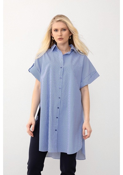 Olcay Yandan Yırtmaçlı Çizgili Poplin Tunik Mavi 9283