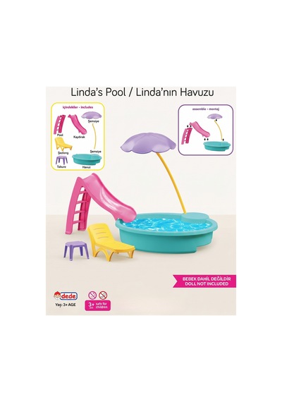 Linda'nın Havuzu - Kaydıraklı Şemsiyeli Bebek Havuz Seti Bebekler Dahil Değildir 3+ Yaş