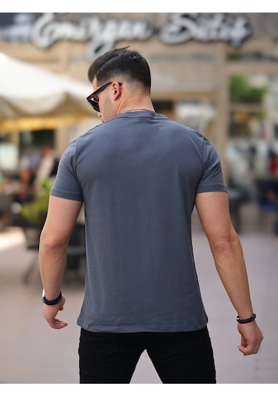 Erkek Füme Slim Fit Bisiklet Yaka Tişört Füme