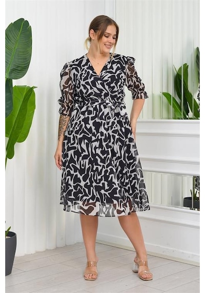 Dip Moda Kadın Büyük Beden Desenli Şifon Elbise Dpnb8063 - Siyah Siyah