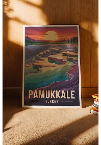 Pamukkale Tablo - Retro Travel Poster - Denizli Şehir Serisi Duvar Dekoru - Çerçeveli İllüstrasyon Beyaz